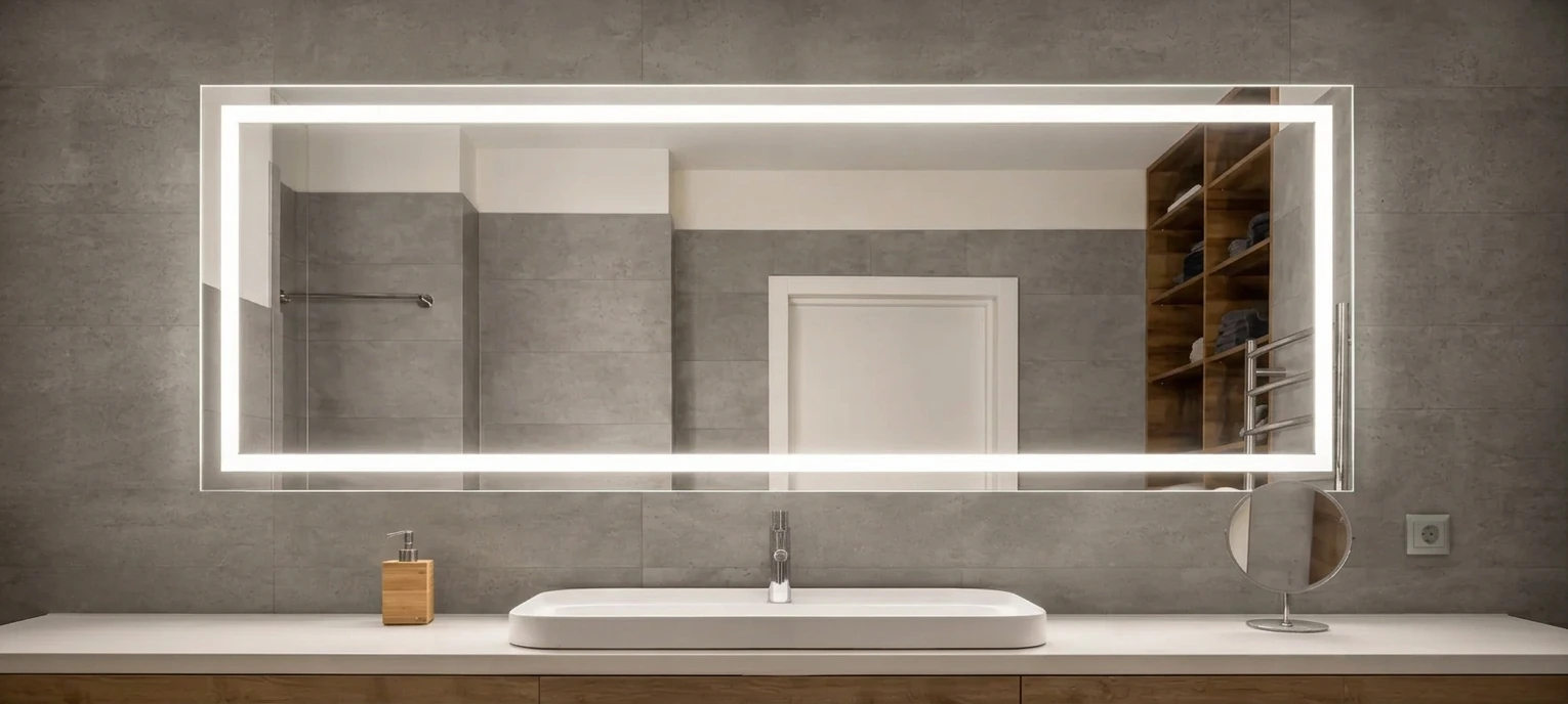 Stylish bathroom featuring a custom lighted mirror and minimalist decor in Coventry.